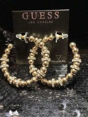 GUESS Gold Beaded Hoop Earrings with Crystal Spacer Rings